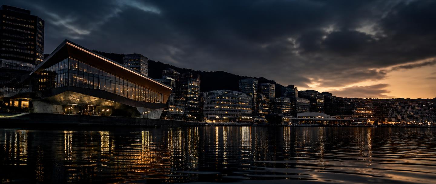 Wellington harbour at dusk with the city's waterfront architecture reflected on dark water