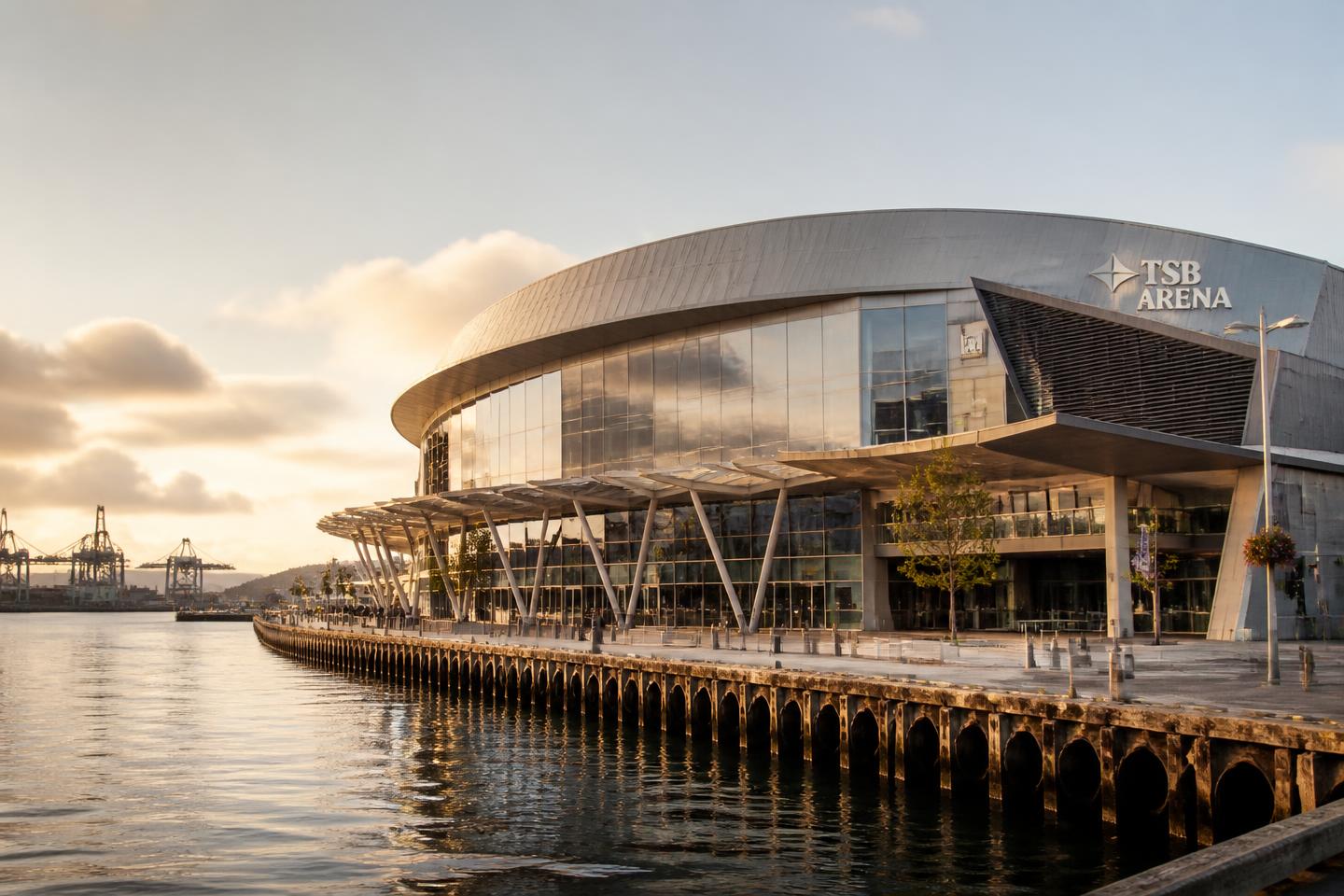 The waterfront conference venue on Queens Wharf, Wellington, in warm late-afternoon light